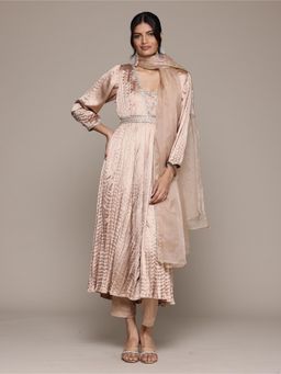 Aarke Ritu Kumar - Rose Gold Delphia Textured Anarkali Kurta with Pant and Dupatta (Set of 3)