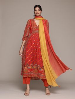 Aarke Ritu Kumar - Orange Mirana Printed Kurta with Pant and Dupatta (Set of 3)