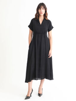RAREISM - Black A-line Tie-up Midi Dress