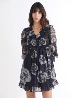 RAREISM - Black Three Fourth Sleeve Floral Print Mini Dress