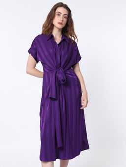 RAREISM - Purple Front Tie-up A-line Midi Dress