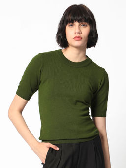 RAREISM - Olive Half Sleeve Round Neck Sweater