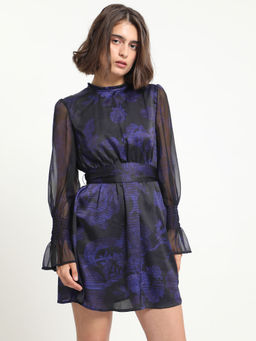 RAREISM - Navy Blue Floral Print Balloon Sleeve Mini Dress (Set of 2)