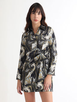 RAREISM - Black Abstract Print Wrap Mini Dress