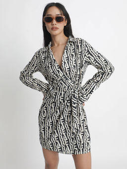 RAREISM - Off White Abstract Print Collared Neck Wrap Mini Dress