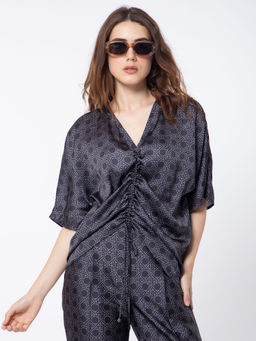 RAREISM - Black Geometrical Print V-neck Neck Top