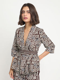 RAREISM - Brown Geometric Print Wrap Top (Set of 2)