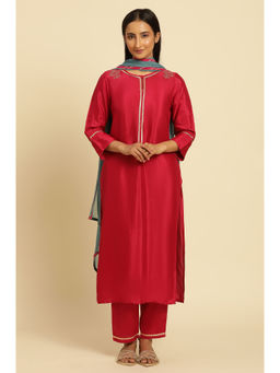 W - Red Solid Kurta with Straight Pant & Dupatta (Set of 3)