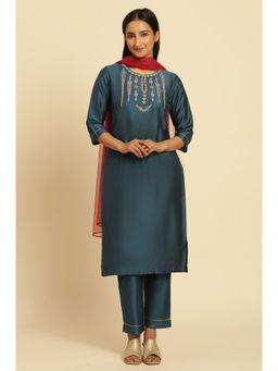 W - Teal Solid Kurta with Slim Pant & Dupatta (Set of 3)