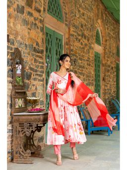 GAYRAA - Pink Floral Cotton Mirror Anarkali Kurta with Pant and Dupatta (Set of 3)