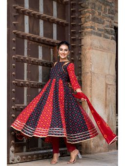GAYRAA - Multi-Colour Cotton Bandhani Anarkali Kurta with Pant and Dupatta (Set of 3)