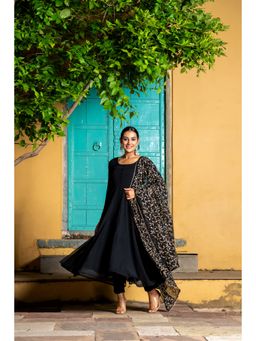 GAYRAA - Black Solid Georgette Anarkali Kurta with Pant and Heavy Worked Dupatta (Set of 3)