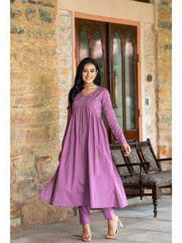 GAYRAA - Lavender Solid Cotton Embroidered Kurta with Pant (Set of 2)