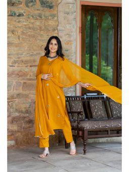 GAYRAA - Mustard Solid Cotton Mirror Kurta with Pant and Dupatta (Set of 3)