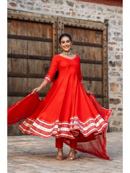 GAYRAA - Red Solid Rayon Gota Anarkali Kurta with Pant and Dupatta (Set of 3)
