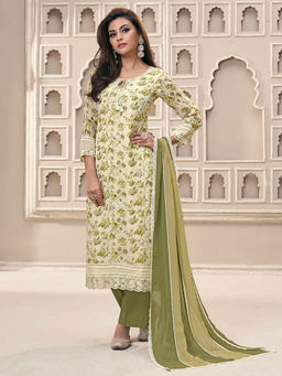 Seerat - Cream Organza Kurta with Pant and Cut Paste Dupatta (Set of 3)