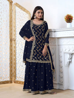 Seerat - Blue Jacquard Straight Kurta with Chinos Sharara and Chinos Dupatta (Set of 3)