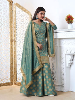 Seerat - Turquoise Tissue Embroidery Kurta with Jacquard Sharara and Dupatta (Set of 3)