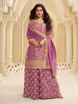 Seerat - Pink Tissue Embroidery Top Kurta with Jacquard Sharara and Dupatta (Set of 3)