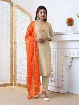 Seerat - Cream Jacquard with Embroidery Silk Straight Kurta with Pant and Dupatta (Set of 3)