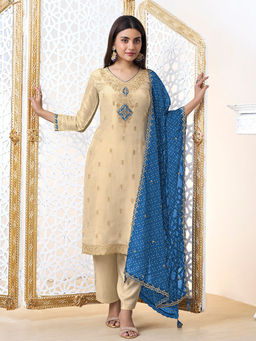 Seerat - Cream Jacquard with Embroidery Silk Straight Kurta with Pant and Dupatta (Set of 3)