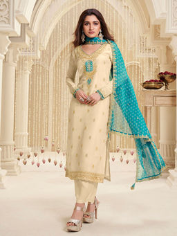 Seerat - Cream Jacquard with Embroidery Silk Straight Kurta with Pant and Dupatta (Set of 3)