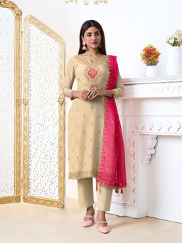 Seerat - Cream Jacquard with Embroidery Silk Straight Kurta with Pant and Dupatta (Set of 3)