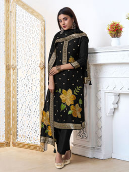 Seerat - Black Jacquard Silk Straight Kurta with Pant and Jacquard Dupatta (Set of 3)