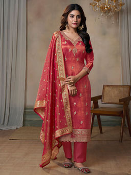 Seerat - Rust Embroidery Silk Straight Kurta with Pant and Jacquard Dupatta (Set of 3)