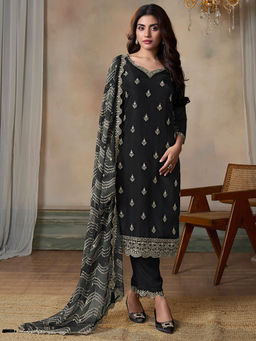 Seerat - Black Embroidery Silk Straight Kurta with Pant and Printed Dupatta (Set of 3)