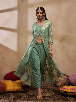 Mabish By Sonal Jain - Green Shrug with Crop Top and Pants (Set of 3)