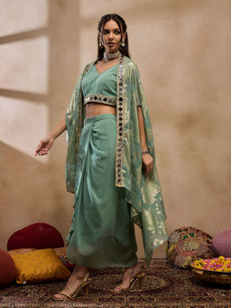 Mabish By Sonal Jain - Green Crop Top with Draped Skirt and Cape (Set of 3)