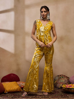 Mabish By Sonal Jain - Yellow Loop Boutton Waistcoat with Bell Bottom Pant (Set of 2)