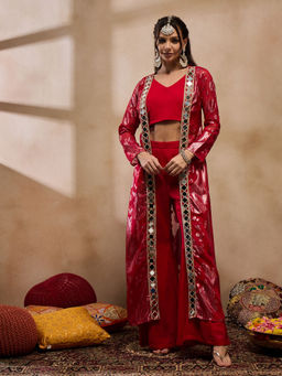 Mabish By Sonal Jain - Red Crop Top with Bell Bottom Pants and Cape (Set of 3)