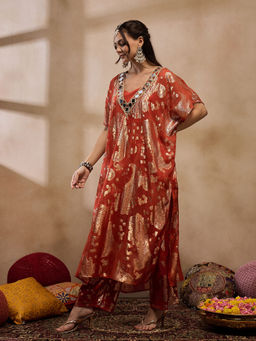 Mabish By Sonal Jain - Rust Kaftan with Pants and Crop Top (Set of 3)
