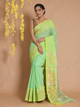 CHARUKRITI - Mint Green Cotton Handspun Zari Woven Floral Designs Saree with Unstitched Blouse