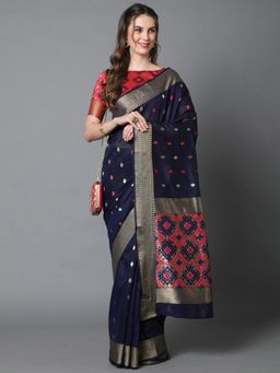 Akhilam - Navy Blue Festive Cotton Blend Woven Design Saree with Unstitched