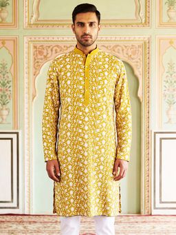 Jompers - Mustard Floral Embroidered Viscose Rayon Kurta