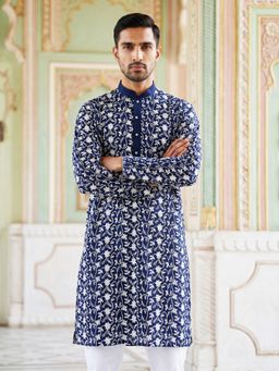 Jompers - Navy Blue Floral Embroidered Viscose Rayon Kurta