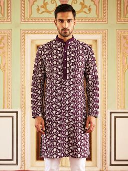 Jompers - Purple Floral Embroidered Viscose Rayon Kurta