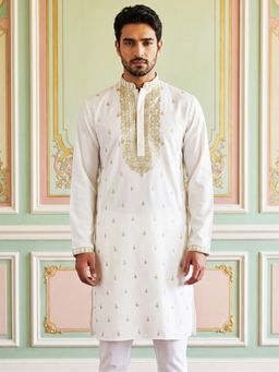 Jompers - White Men's Cotton Blend Embroidered Kurta