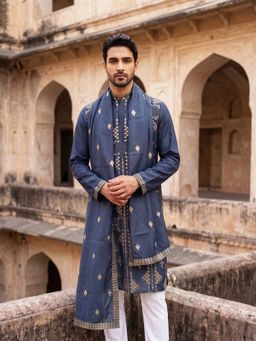 Jompers - Navy Blue Men's Embroidered Kurta with Dupatta