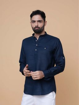 EKATVA ETHNIC - Men’s Teal Blue Linen Mandarin Neck Kurta