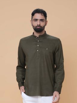EKATVA ETHNIC - Men’s Dark Olive Linen Kurta