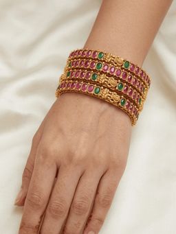 GRIIHAM - Multi-Color Gold Plated Stone Studded Temple Bangles (Pack of 4)