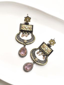 Peach Tassels - Pink Stones Ornate Golden Earrings