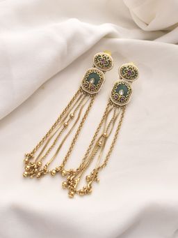 Peach Tassels - Golden & Green Gemstones Ornate Drop Earrings