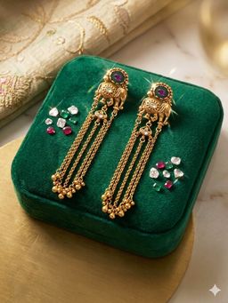 Peach Tassels - Multi-Color Golden Chain Designs & Gemstones Earrings