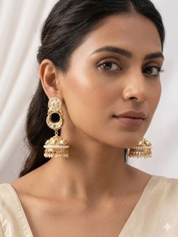 Peach Tassels - Multi-Color Ornate Stones Golden Jhumka Earrings