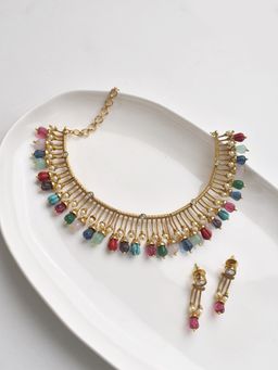 Peach Tassels - Multi-Color Colorful Beaded Golden Accents Necklace Set